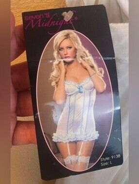 Seven Til Midnight White and Blue Satin Chemise Large NWT (8007)
